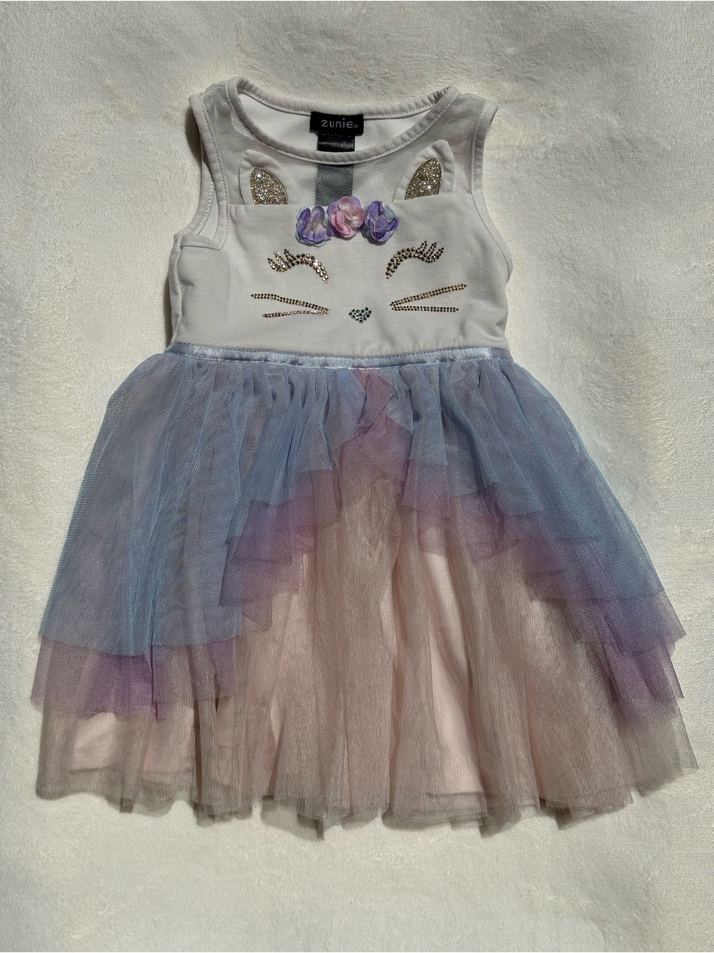 Zunie White Tank Kitty Tulle Dress with Pink, Purple, and Blue Skirt